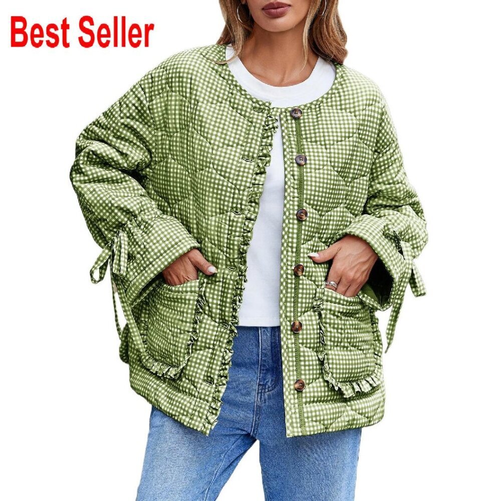 Cropped Quilted Puffer Jacket Lightweight Plaid Button Down Bow Chic